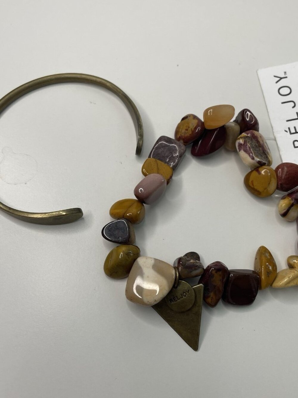 Beljoy Tumbled Stones Stretch Bracelet Handmade In Haiti With Brass Cuff Bundle